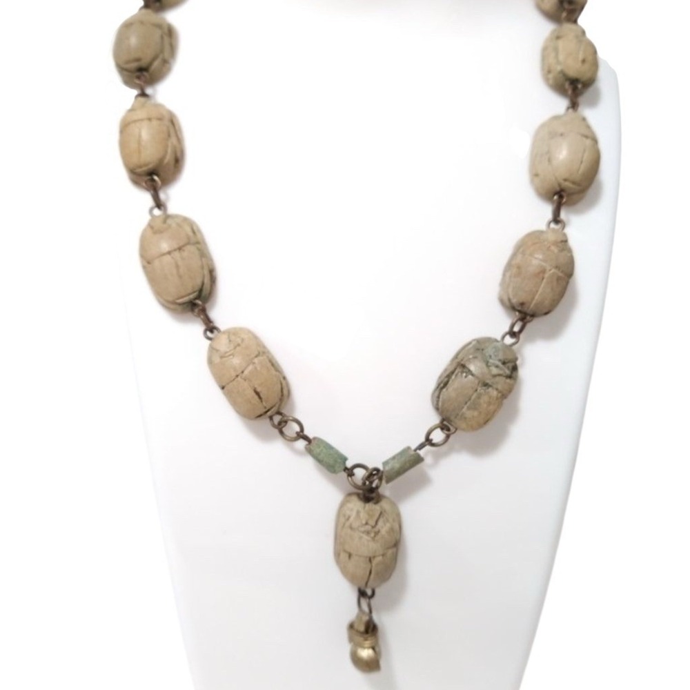 Vintage Egyptian Revival Scarab Beetle Beaded Y-Drop Necklace Dangle Statement